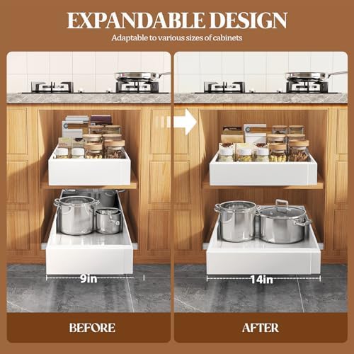 Seinloes 4 Pack Expandable Pull Out Cabinet Organizer 21" Deep With Raising Pad for Framed Cabinets,Upgrade 3 Slide Rails Slide Out Drawers,No Drill Roll Out Shelves,Adjustable Width 9"-14" White - Image 5