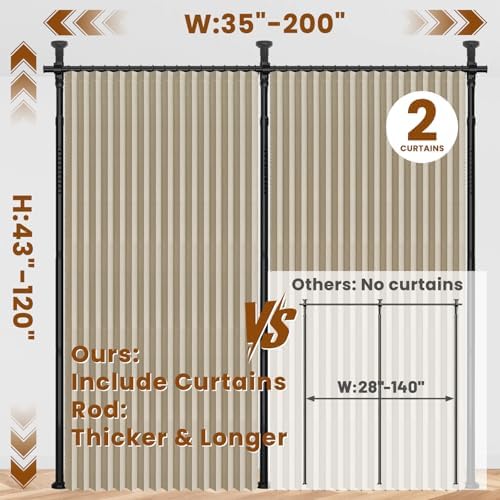 100% Blackout Room Divider Curtains Sets Beige W100 x L96 in,2 Panels Curtain Rods No Drilling Adjustable Tension (H) 43-120×(W) 35-200 in for Bedroom Privacy Partition Separator - Image 2