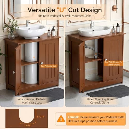 Bonnlo Pedestal Sink Storage Cabinet, 24" Espresso Under Sink Bathroom Storage Cabinet with 2 Doors and Adjustable Shelf, Traditional Bathroom Space Saver Organizer for Small Spaces, Water-Resistant - Image 6