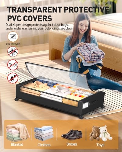 Under Bed Storage With Wheels, 2 Pack Square Containers, 60L Bins, Rolling Metal Drawer for Clothes, Blankets, Shoes - Image 4