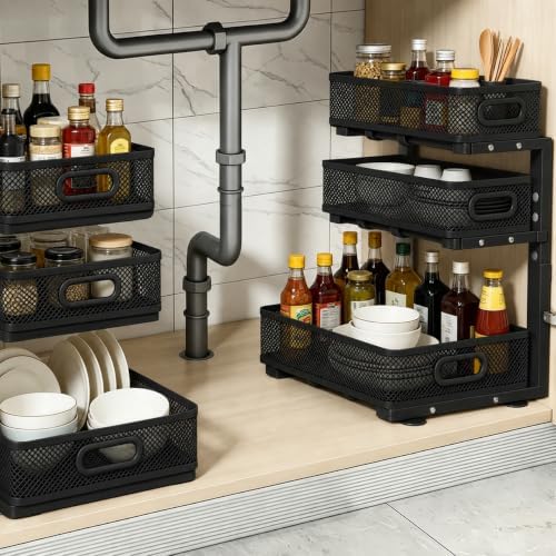 1 Pack 3 Tier Under Sink Organizer with Pull Out Drawer, Height Adjustable Heavy Duty Metal Under Cabinet Organizer, Smooth Sliding Storage Shelf for Kitchen, Bathroom Cabinet Organization, Black - Image 6