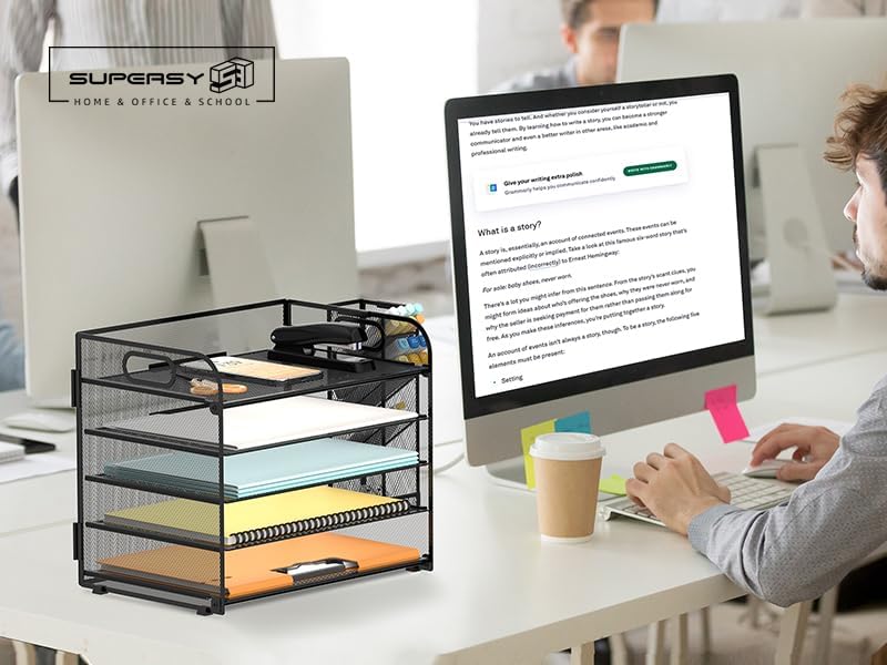 5-Tier Paper Organizer for Desk with Pen Holders, 2-Pack, Black - Image 5