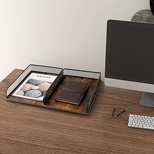 Set of 2 Vintage Wood & Metal Letter Tray，Desk Organizers Paper Tray，Office File Organizer(Black) - Image 5