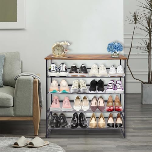 Garden 4 you Shoe Rack for Entryway 5 Tiers 11.8" D x 29" W x 36.5" H, Metal Shoe Rocks with Brown Wooden Tabletop, Angled Shoes Rack with Adjustable Mesh Shelves for Entryway Hallway Closet - Image 4