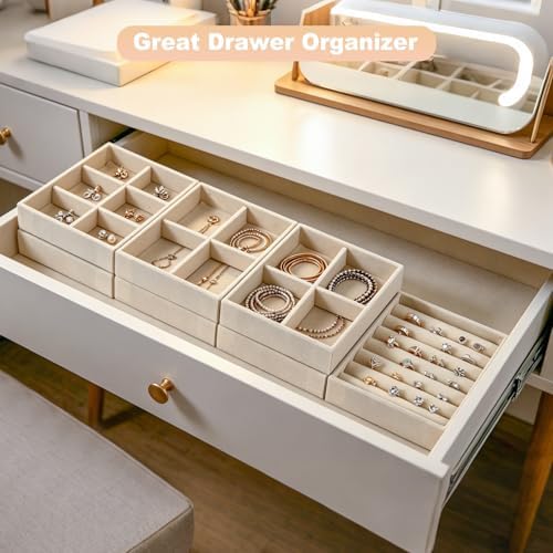 Small 8-Piece Velvet Jewelry Drawer Organizer Inserts Stackable Trays,Beige - Image 5