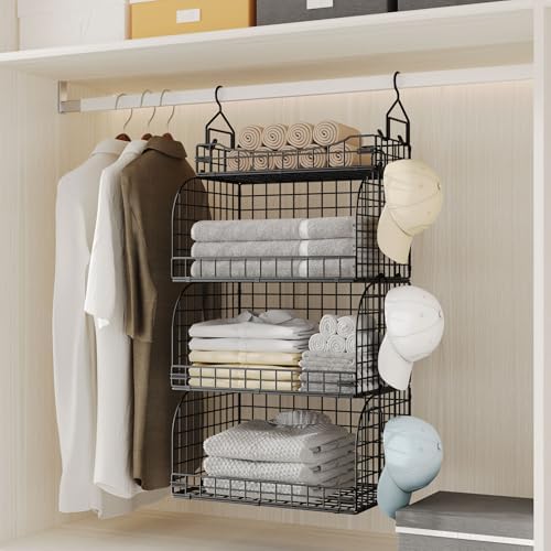 HapiRm Hanging Closet Organizer Storage - 4 Tier Metal Stackable Hanging Closet Shelves with Dividers and S Hooks, Foldable Clothes Shelves for Clothes, Pants, Shoes, Coat, Hats Clutches Accessories - Image 5