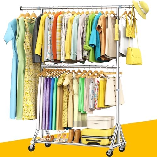 100% Stainless Steel Heavy Duty Clothes Rack Load 860 LBS, Two Tier Rolling Garment Rack with Wheels, Adjustable Double Rod Clothing Rack for Hanging Clothes, Closet Rack for Storage and Organization by FYBEE