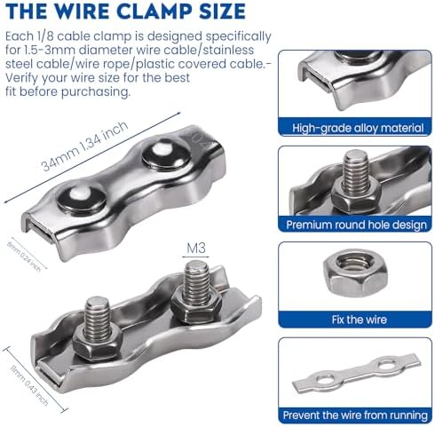 8Pcs 1/8 Inches M3 Cable Clamps, 4 Pcs Duplex Double Bolt Cable Clamps + 4 Pcs Simplex Single Bolt Wire Rope Clips for 1/8Inch (1.5mm-3mm) Diameter Wire Cable/Wire Rope, Wire Clamp Tool for Outdoors - Image 2