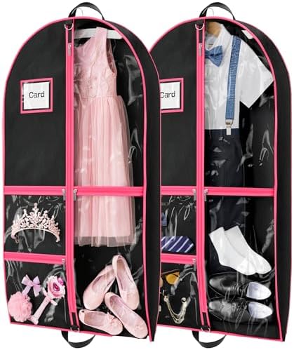Dance Garment Bags for Dancers, 40" Garment Bags for Hanging Clothes with 3 Clear Zipper Pockets, Cheer Uniform Garment Bag for Suits, Travel & Sports Jersey (Black Pink, 2 Pack (40 inches)) by Hopack