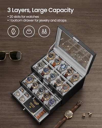 SONGMICS 20-Slot Watch Box, 3 Layers, Glass Lid, Lockable - Image 3