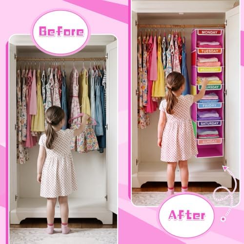 Amylove 2 Pcs 7 Shelf Weekly Clothes Organizer for Kids Hanging Closet Organizer 11. 8 x 11. 8 x 50 Inch Daily Activity Kids Clothes Storage Drawers Cube Drawers Closet Hanging Shelves(Rose Pink) - Image 5
