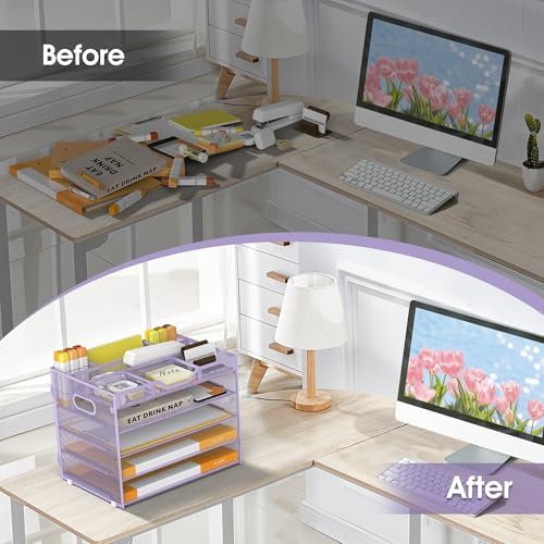 5 Tier Paper Letter Tray Desk Organizer with Pen Holders - Purple - Image 5