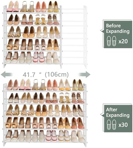 FAVOOSTY 5-Tier Expandable Shoe Rack, Adjustable Shoe Shelf Storage Organizer Space Saving Metal Free Standing Shoe Rack for Entryway Closet Doorway, White (White, 5 Tier) - Image 4