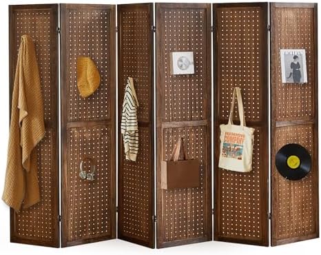 6 Panel Pegboard Display with 24 Hooks,Partition Room dividers, Wooden Room Divider Wall and Folding Privacy Screens, Pegboard Room Divider, Bedroom, Balcony, Dark Brown by ALeesing