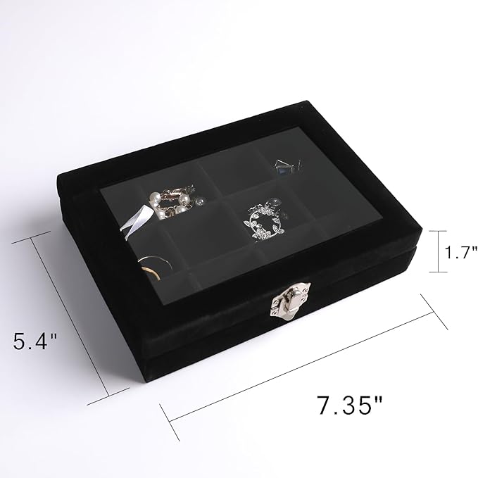 Frebeauty Jewelry Organizer Tray with Clear Lid,12 Grid Velvet Drawer Insert Jewelry Box with Transparent lid Jewelry Display Case Store Showcase Jewelry Box Gift for Women(Black,12 Grid)