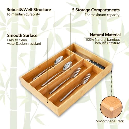 Silverware Organizer, 10 Inch Utensil Organizer Kitchen Drawer Organizer Bamboo Silverware Holder Cutlery Tray Organizer in Drawer Flatware Organizer Tray(5 slots, Natural - Image 3