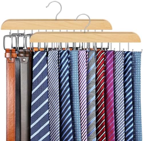 Tie Rack & Belt Hanger 2 in 1 Tie Hanger Space Saving Max 42 Belts& 60 Ties Capacity for Closet Organizers and Storage, Sturdy Wood Belt & Tie Collection Organizer(Wood, 2Pack) by RESOVO