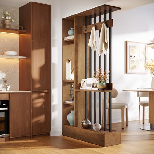 Tribesigns Wall Room Divider, Wood Freestanding Room Divider Bookcase with Shelves & Coat Hooks, 71" Modern Wall Partition for Home & Office Decorative, Brown - Image 3