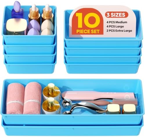 10 Pack Large Size Plastic Drawer Organizers Set, 3 Sizes Desk Drawer Organizer Trays, Storage Bins for Vanity, Makeup, Bathroom, Kitchen Utensils and Office (Blue) by Unknown