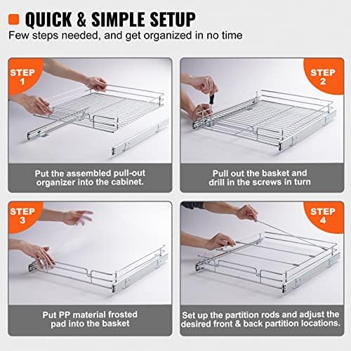 VEVOR 15.5" Wx21 Dx3.5 H Pull Out Cabinet Organizer, Heavy Duty Slide Out Pantry Shelves, Chrome-Plated Steel Roll Out Drawers, Storage for Home Under Sink, 17" Wx22 Dx7 H Install Size for Cabinet - Image 5