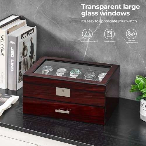 ANWBROAD Watch Box 20-Slot Wooden Watch Case Organizer with Large Glass Lid - Image 3