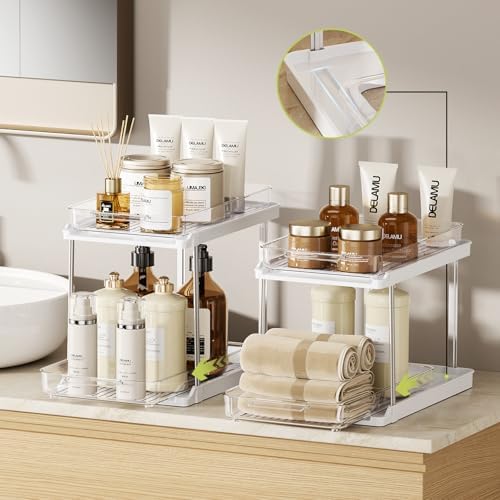 Delamu 2-Tier Bathroom Under Sink Organizers and Storage, Pull Out Cabinet Drawers with Anti-Slip Design, Multi-Purpose Storage for Kitchen, Pantry, Bathroom & Home Organization, White, 4 Pack - Image 3