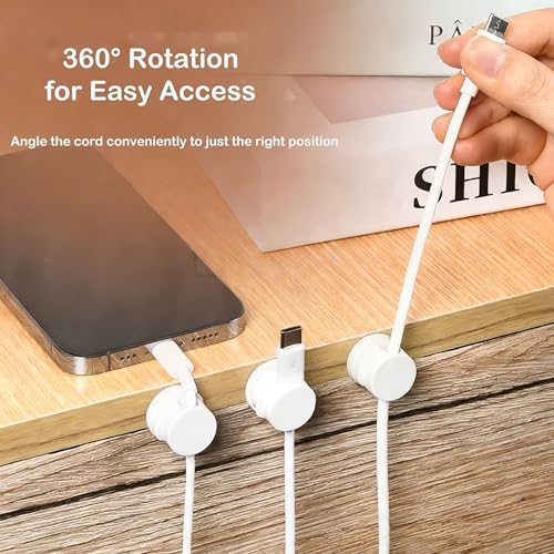 6PC 360° Rotatable Spring Cable Management, Cord Organizer Holder for Desk, Strong Adhesive Cable Clips Desk Accessories, Adjustable Wire Keeper for Nightstand, Home, Office, RV (White) - Image 3