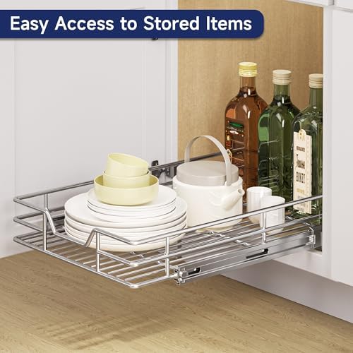 Pull Out Cabinet Organizer, 15.5" W x 21.5" D, Heavy Duty Chrome Slide Out Shelf for Base Cabinets, Sliding Wire Basket Drawer for Pantry Items, Bowls, Containers & Cleaning Supplies - Image 6