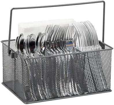 Mind Reader Multi-purpose Storage Caddy with Handle, Desktop Organizer, Cutlery Holder, 4 Compartments, Metal Mesh, Gray by MindReader