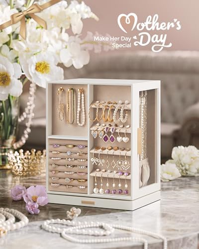 SONGMICS Jewelry Box Organizer, 360° Rotating, 5 Drawers, Cloud White - Image 2