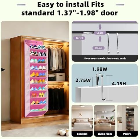 PAULONE 10-Pocket Multi-Use Over the Door Organizer, Heavy Duty 95lbs Capacity with Breathable Mesh, Versatile Hanging Storage for Shoes, Toys, Office Supplies-Classic (Blush Pink, 10-Shelf,) - Image 4
