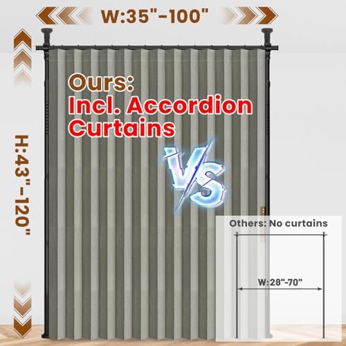100% Blackout Room Divider Curtains Sets Grey W100 x L96 in 1 Panel No Drill Curtain Rods(H) 43-120×(W) 35-100 in for Studio Apartment Dorm Office - Image 2