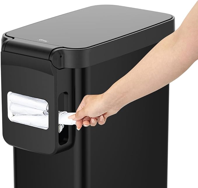 Glad Slim Trash Can with Clorox Odor Protection - Narrow Kitchen Garbage Bin with Soft Close Lid, Step On Foot Pedal and Waste Bag Roll Holder, Black, 12 Gallon/45 Liter