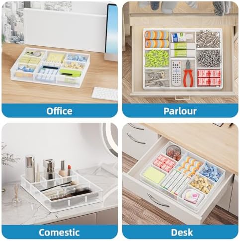 Marbrasse Desk Drawer Organizer, Metal Mesh Drawer Organizer Tray with 5 Adjustable Compartments,Desk Organizers and Accessories for Home,Office,Kitchen,Makeup,Vanity (White) - Image 4