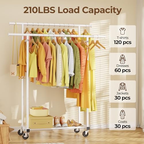 HYSEYY Double Rods Clothes Rack, Rolling Clothing Rack for Hanging Clothes Portable Wardrobe Rack, Metal Garment Rack Sturdy Coat Rack for Bedroom Laundry Living Room, White - Image 2