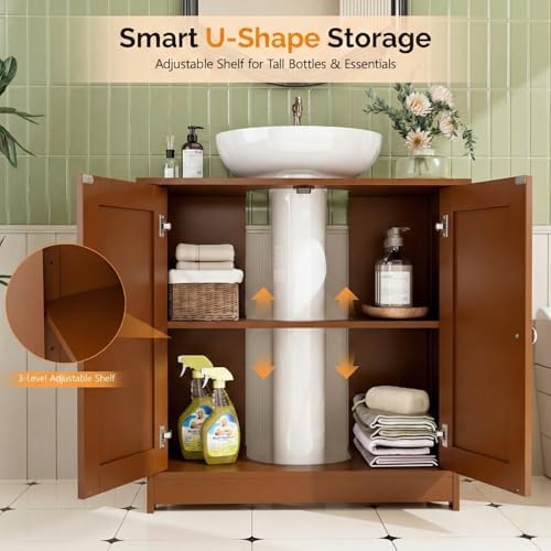 Bonnlo Pedestal Sink Storage Cabinet, 24" Espresso Under Sink Bathroom Storage Cabinet with 2 Doors and Adjustable Shelf, Traditional Bathroom Space Saver Organizer for Small Spaces, Water-Resistant - Image 4