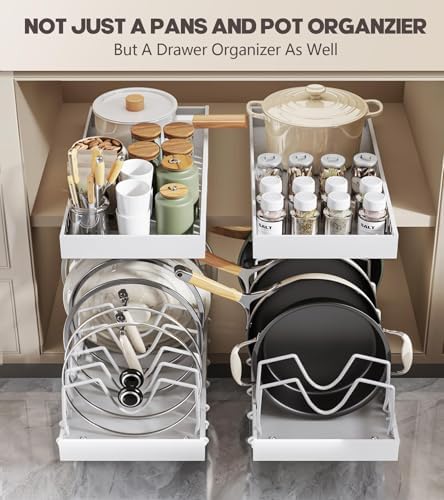 Lozovin Pull Out Pots and Pans Organizer Under Cabinet, Sliding Lid Holder and Pan Rack in Kitchen, Slide Out inside Cabinet Storage for Pot Lid, Bakeware, Dishes, 8 Adjustable Dividers, 1 Pack White - Image 5