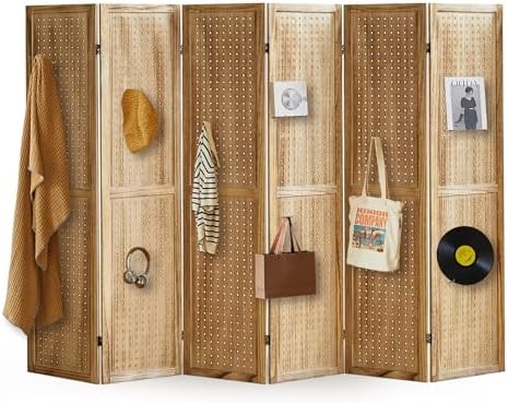 6 Panel Pegboard Display with 24 Hooks, Pegboard Room Divider and Folding Privacy Screens, Partition Room dividers, Wooden Room Divider Wall, Jewelry Store, Bedroom, Balcony, Light Brown by ALeesing