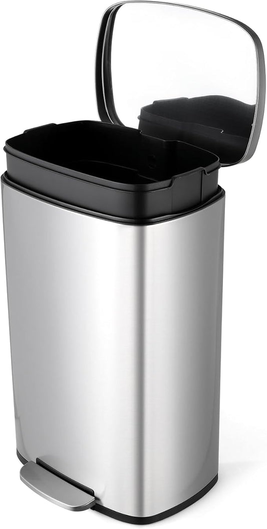 13.2 Gal Kitchen Trash Can, 50L Recycling or Garbage Bin, Brushed Stainless Steel Waste Basket, Soft&Quiet Close Dustbin, with Step-On Pedal, Removable Inner Bucket, for Home, Office, Living Room