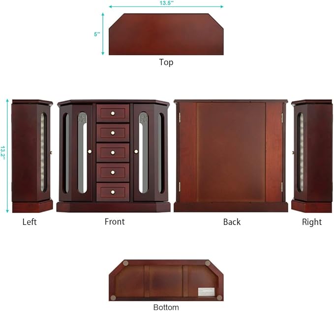 RR ROUND RICH DESIGN Jewelry Box - Made of Solid Wood with Cabinet Type 5 Drawers Organizer and 2 Separated Open Doors on 2 Sides and Large Mirror Brown
