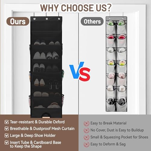 7 Tier Over the Door Shoe Organizer, Hanging Shoe Rack for Closet with Dustproof Mesh Curtain & 6 Side Pockets, Behind the Door Narrow Shoe Holder Hanger for Sneakers, Boots (Black) - Image 5
