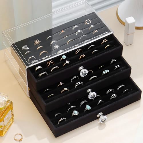 SPAKOWN Ring Box Display Holder, Clear Velvet Jewelry Storage Tray Organizer for Ring Stud Earring (Black - 3 Drawers) - Image 3