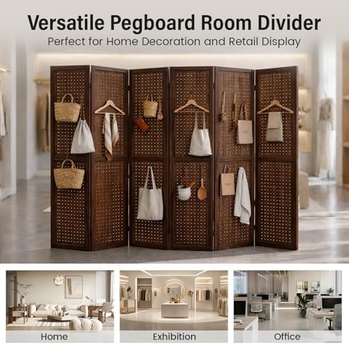 6 Panel Pegboard Room Divider, Folding Privacy Screen, Brown - Image 5