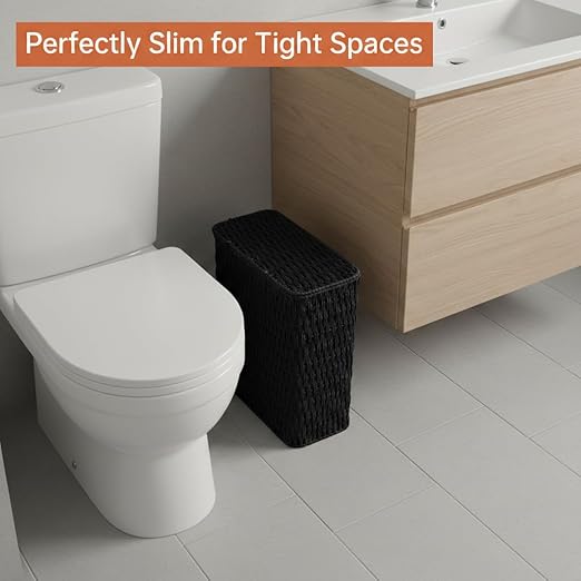 Coeusy 3 Gallon Paper Rope Bathroom Trash Can,Small Wicker Trash Cans with Lid and Liner,Woven Rattan Narrow Waste Basket for Bedroom,Office,Black