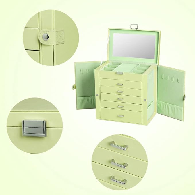 Frebeauty Large Jewelry Box,6-Tier PU Leather Jewelry Organizer with Lock,Multi-functional Storage Case with Mirror,Accessories Holder with 5 Drawers for Necklace Bracelets Watches