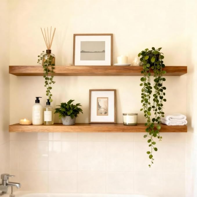 ROGMARS 36 Inches Long Walnut Floating Shelves,Rustic Solid Wood Farmhouse Wall Shelves with Invisible Brackets for Bathroom, Living Room, Bedroom, Kitchen Set of 2