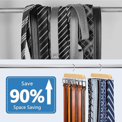 Tie Rack & Belt Hanger 2 in 1 Tie Hanger Space Saving Max 42 Belts& 60 Ties Capacity for Closet Organizers and Storage, Sturdy Wood Belt & Tie Collection Organizer(Wood, 2Pack) - Image 2