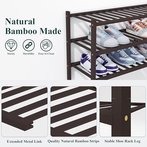 Smiry Bamboo Shoe Rack, 14 Vertical Slats, 3 Tier - 26.8" Wide, Brown - Image 3