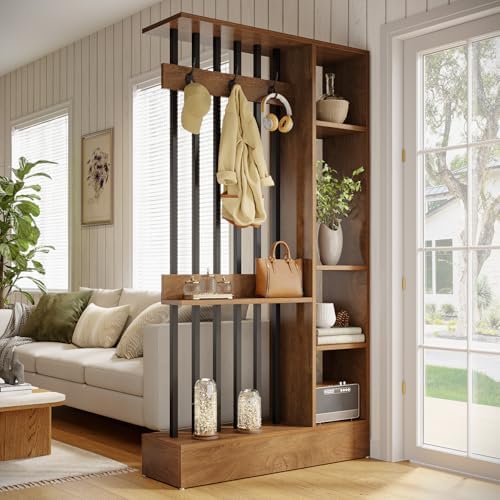 Tribesigns Wall Room Divider, Wood Freestanding Room Divider Bookcase with Shelves & Coat Hooks, 71" Modern Wall Partition for Home & Office Decorative, Brown - Image 4