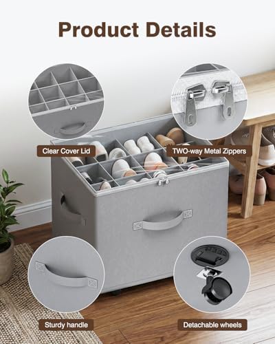 HOUSE AGAIN 2 Pack Shoe Organizer for Closet, Shoe Storage Organizer with Wheels, Foldable Shoe Storage Box with Adjustable Dividers and Clear Cover, Reinforced Handles, Fits up to 16-32 Pairs, Gray - Image 3